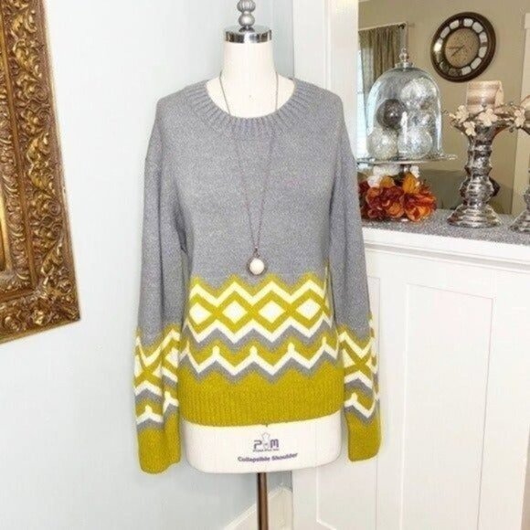 J. Crew Geometric Fair Isle Crewneck Sweater Gold Gray Cream Wool Medium - Picture 2 of 8